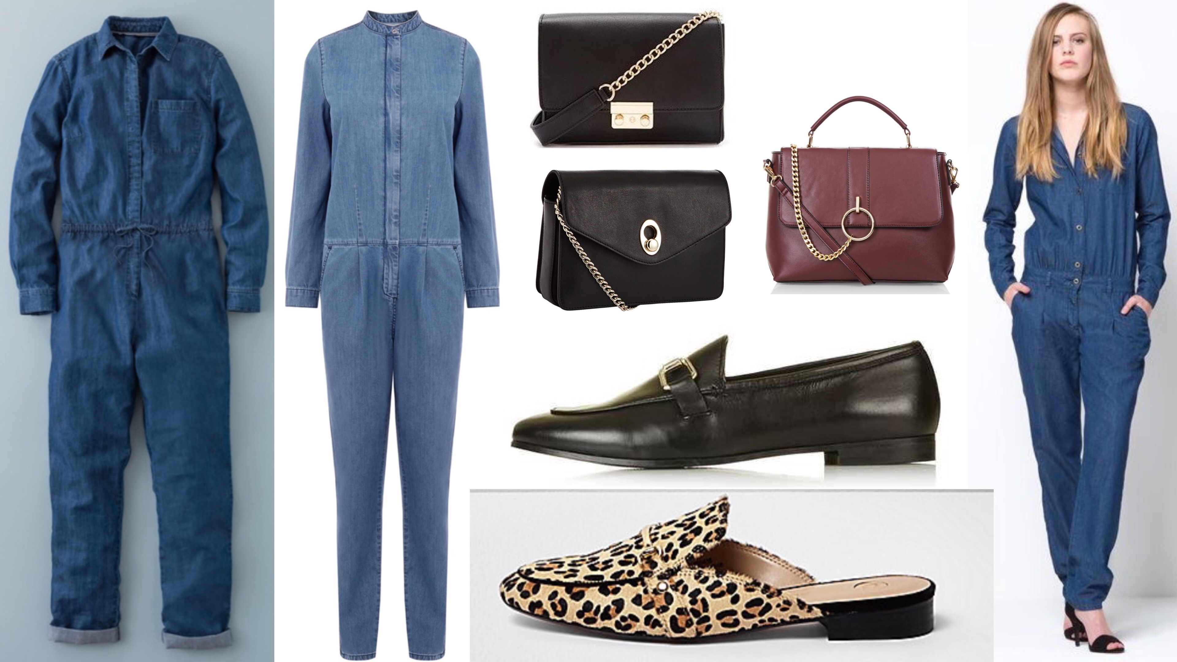 denim jumpsuits loafers chain handle bags