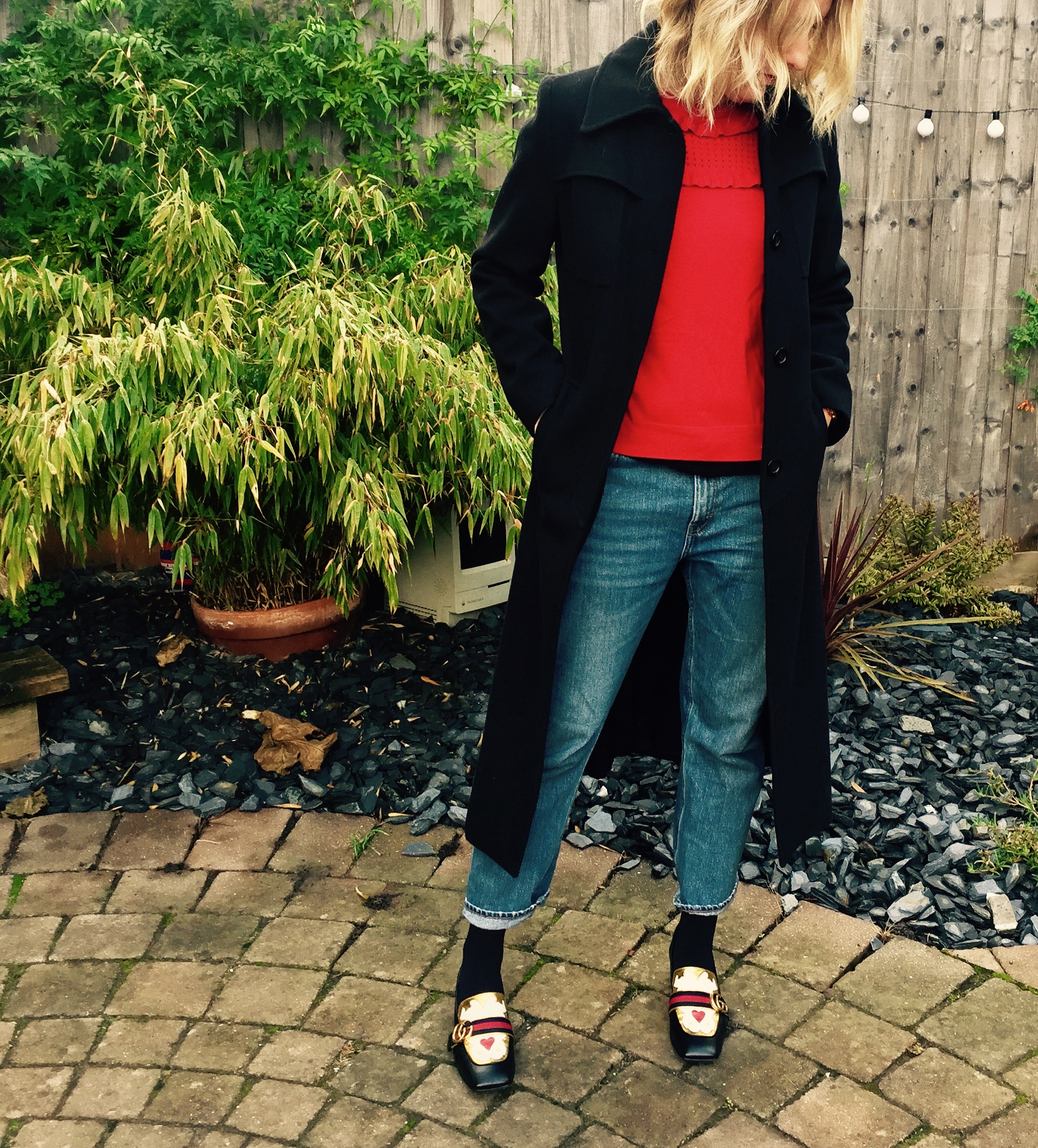 black coat gucci shoes