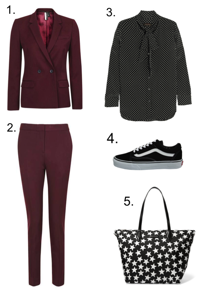 top shop suit kate moss blouse vans oldskool star bag