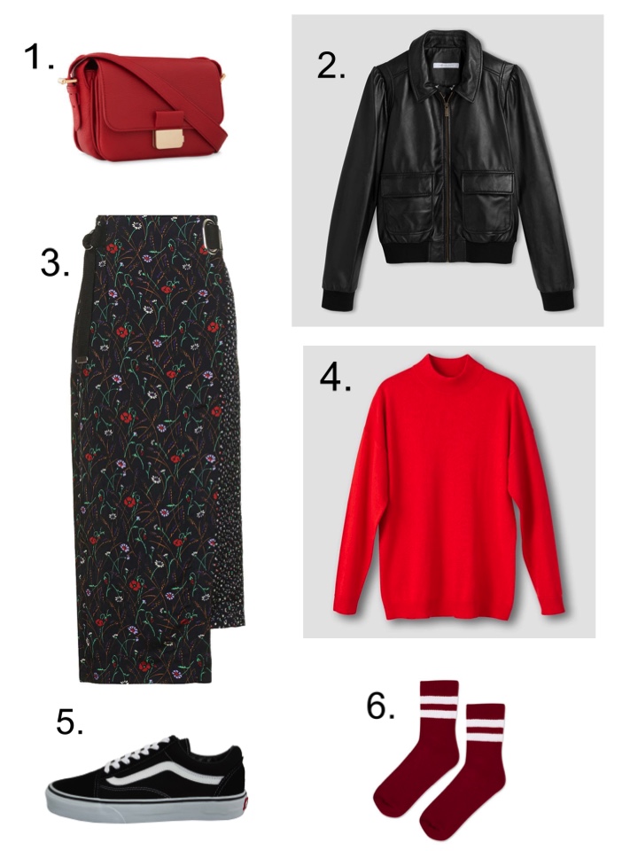 red handbag top shop skirt vans old skool red sock red jumper