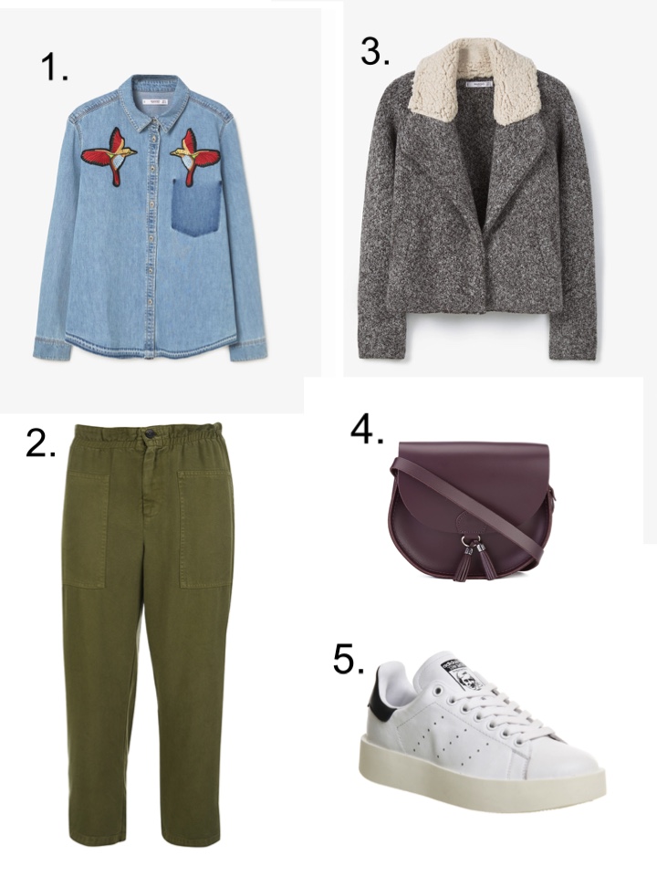 embroidered denim shirt, khaki trousers 