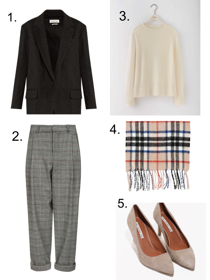 mensy trousers, suede pumps, tartan scarf