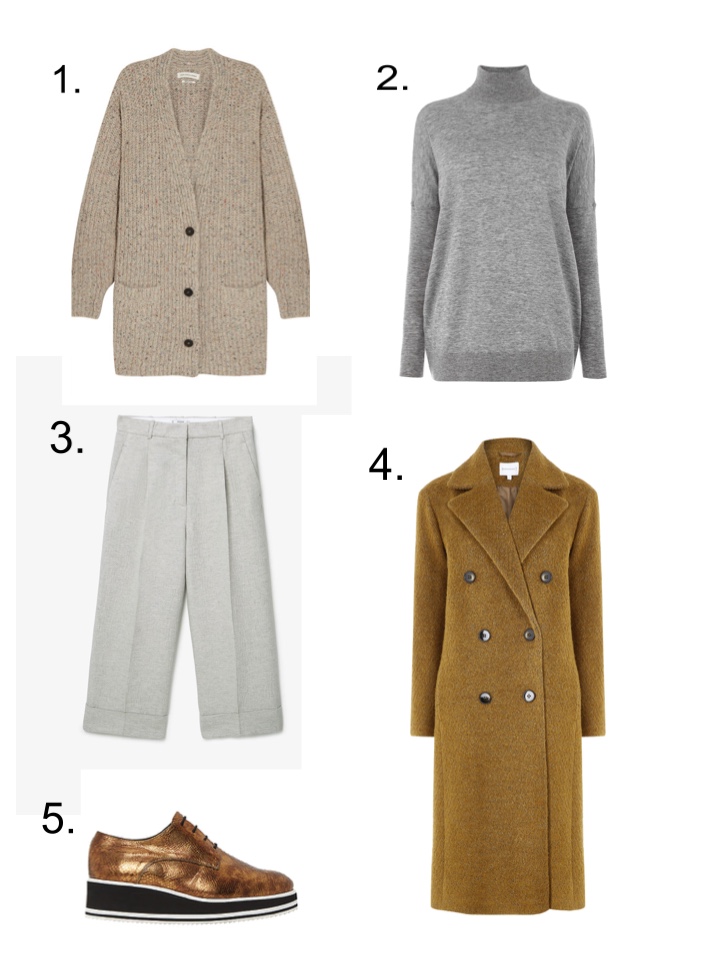 isabel marant cardigan, camel coat, gold shoes, wide leg trousers, grey polo neck jumper 