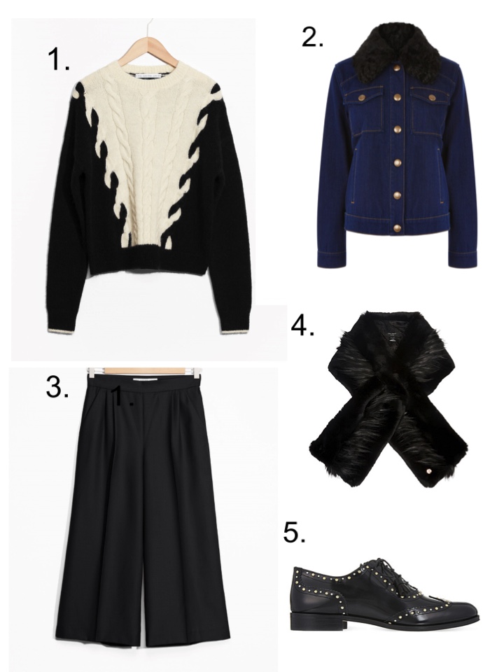 chunky knit sweater, culottes, black brogues, faux fur scarf