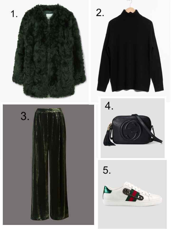 Cashmere Sweater, gucci disco Soho, Gucci Trainers, Velvet Trouser 