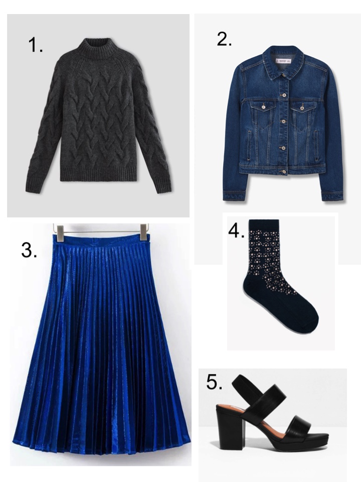 Chunky Jumper, Pleated Blue Skirt, Diamante Socks, Black Sandals