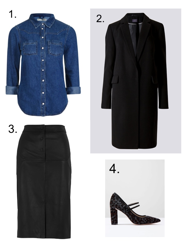 Denim Shirt, Leather Pencil Skirt, Mary Jane shoes 
