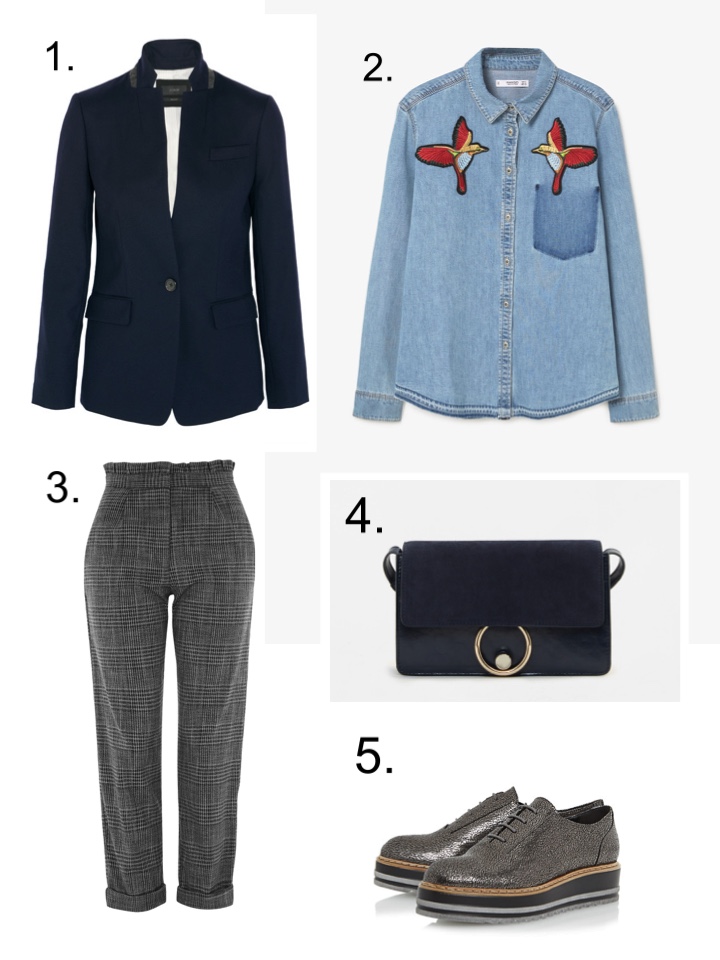 Embroiderd Denim Shirt, J Crew Blazer, Mensy trousers