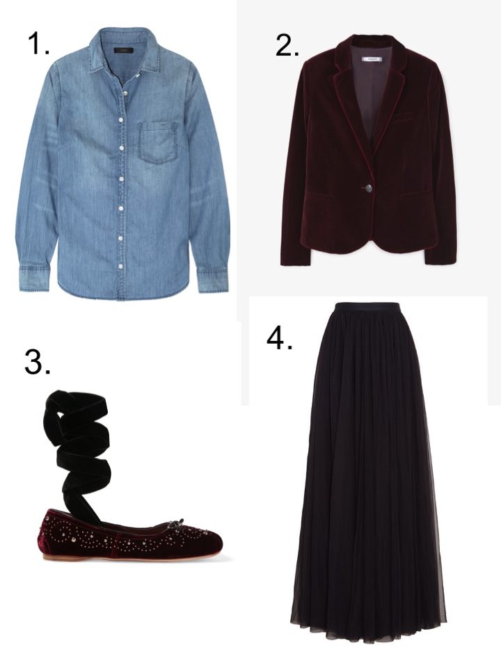 Denim Shirt, Velvet Blazer, Tulle Skirt, Miu Miu Ballet flats