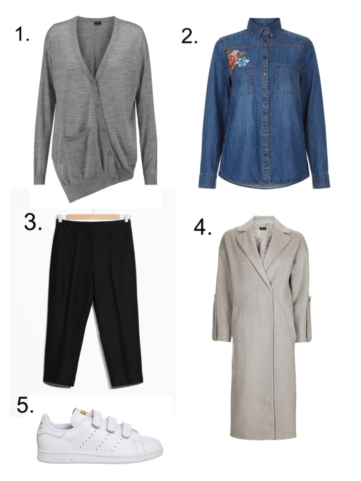 joseph cardigna, Denim Shirt, Wool Trousers, Duster Coat, Stan Smith Velcro