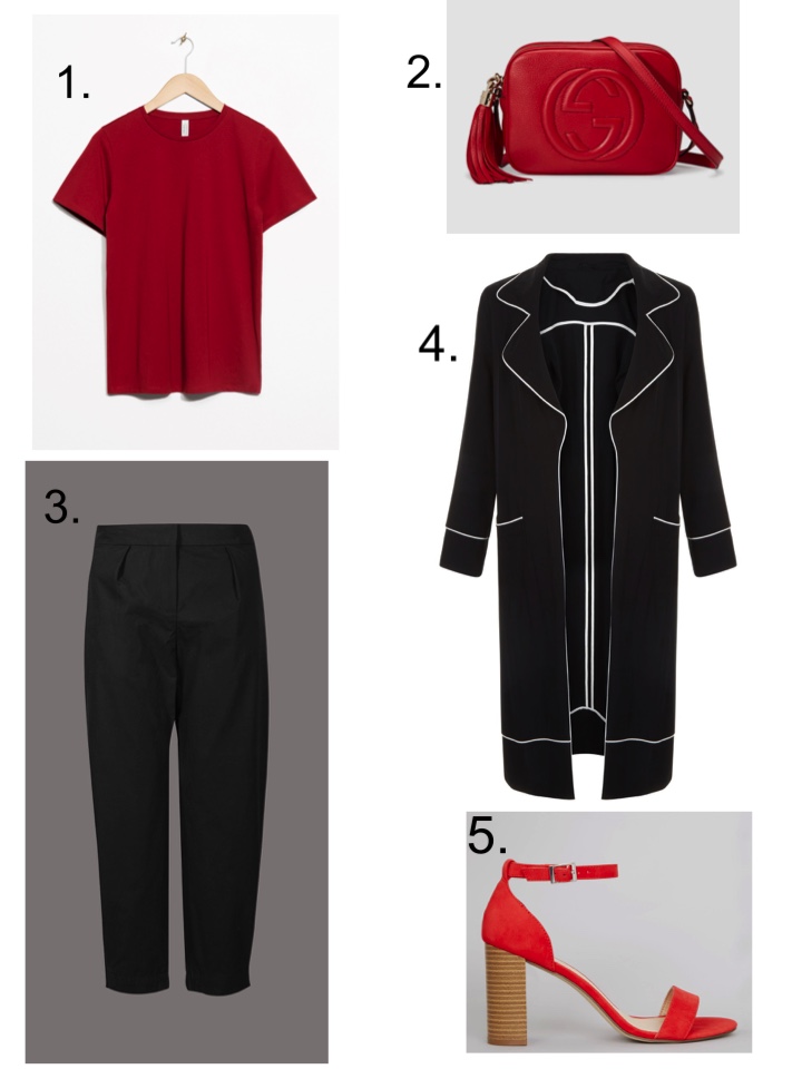 red t shirt, black M&S trousers, Red Sandals, Red Gucci Disco Bag