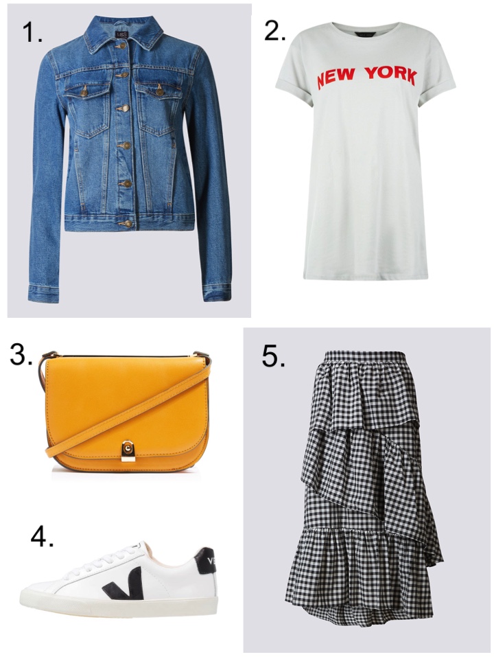 Denim Jacket Gingham Skirt Yelllow Bag 