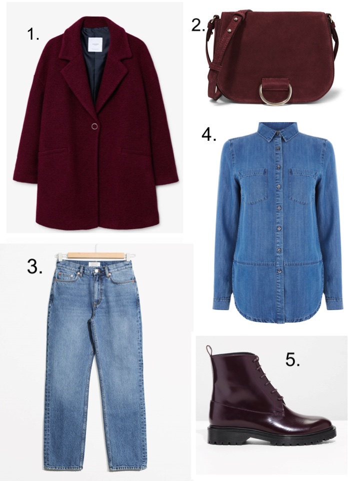 maroon Coat, Denim shirt, jeans 