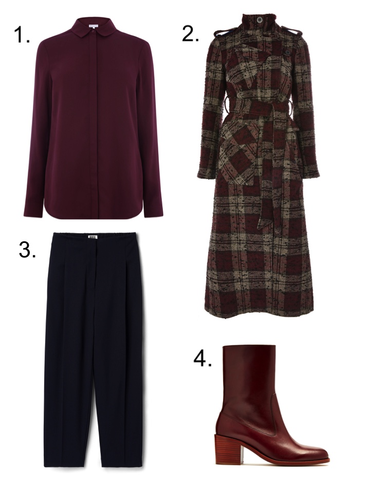 tops shop unique check coat, navy trousers 