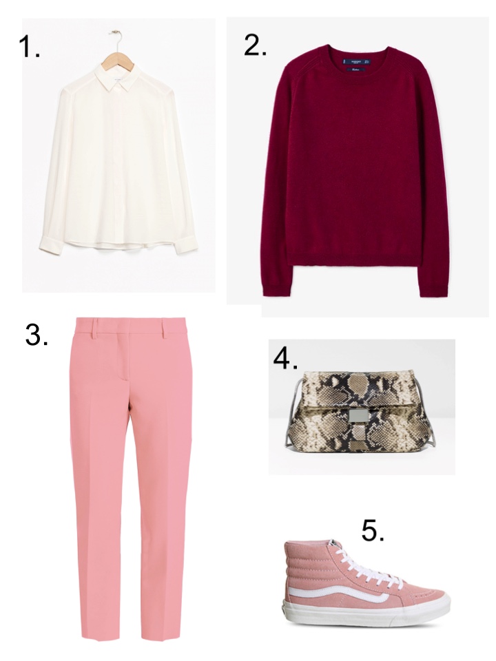 maroon sweater, Pink Trousers, snake print bag