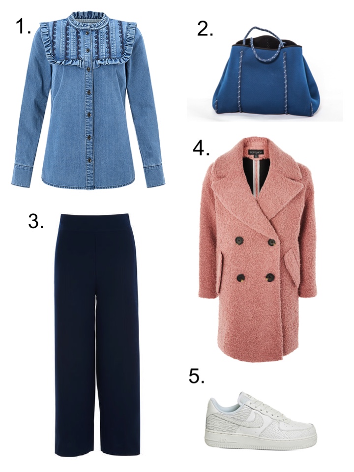 Navy Trousers denim shirt, Monsoon, Hermosa London bag topshop pink coat 