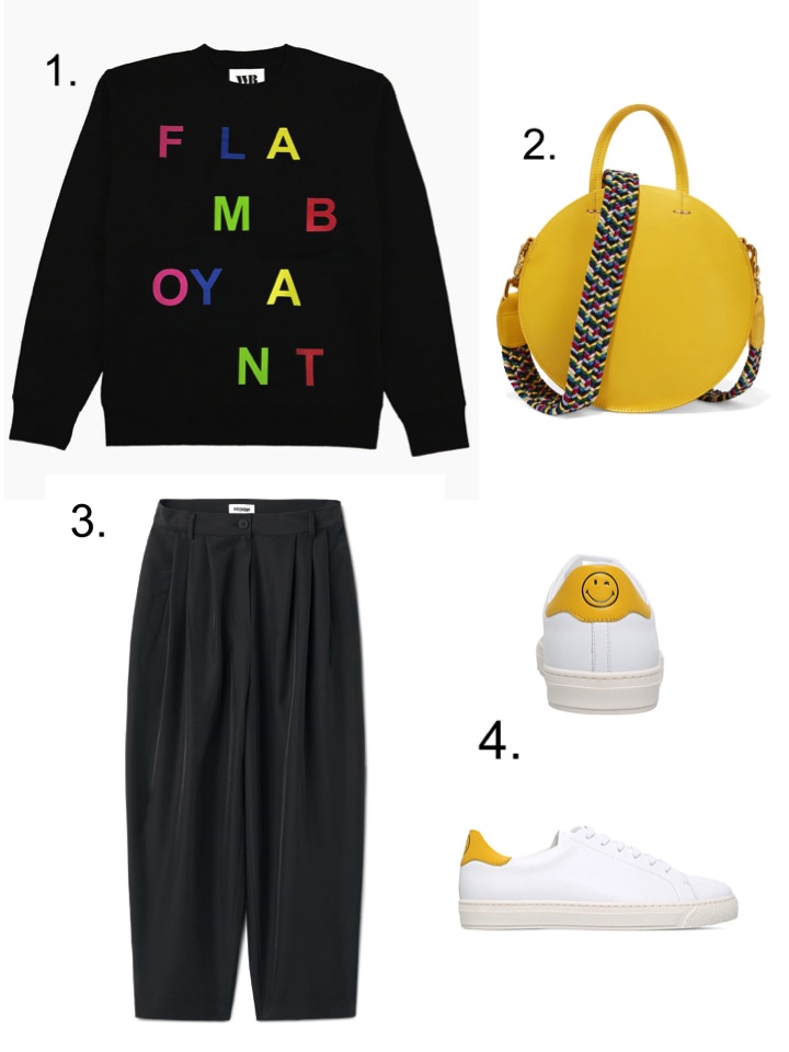 yellow circle bag, Flamboyant Sweatshirt, Anya Hindmarch smiley trainers