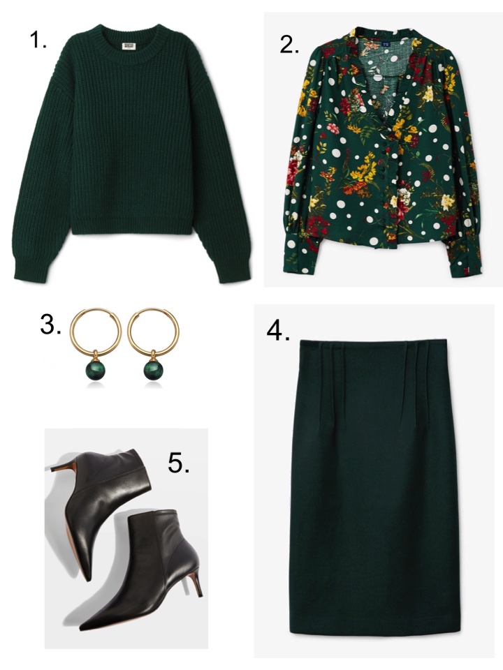 green sweater, green pencil skirt, stiletto boots