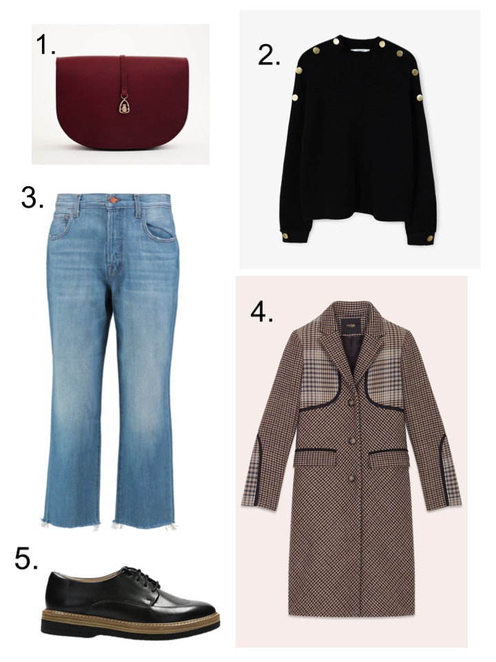 maje Coat, clarks brogues, black button sweater, 