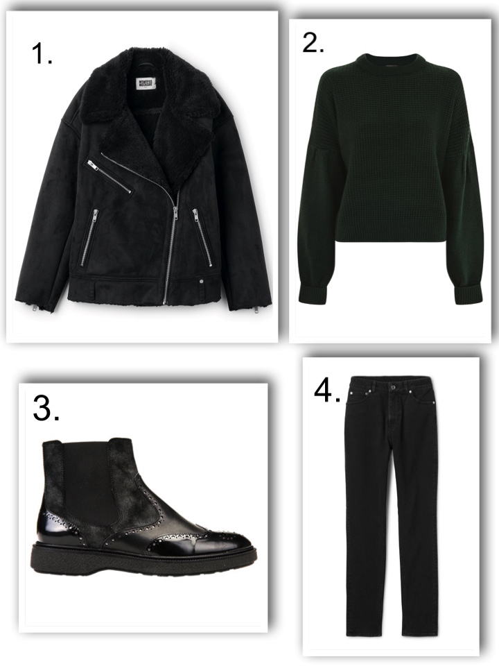 chunky boots, forest green jumper, weekday jacket 
