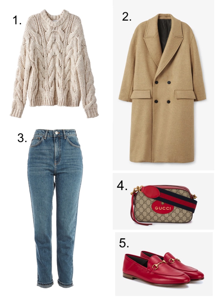 Chunky Cable knit sweater , Gucci bag, Gucci red loafers 