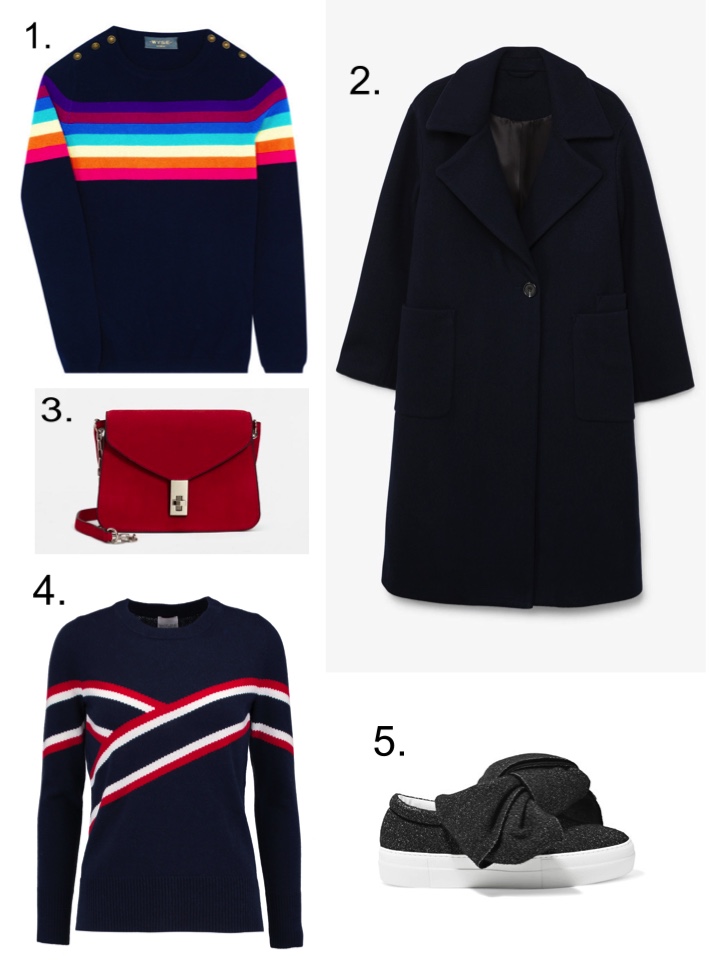 Wyse London Rainbow Breton, Mango overcoat, Madeleine Thompson jumper 