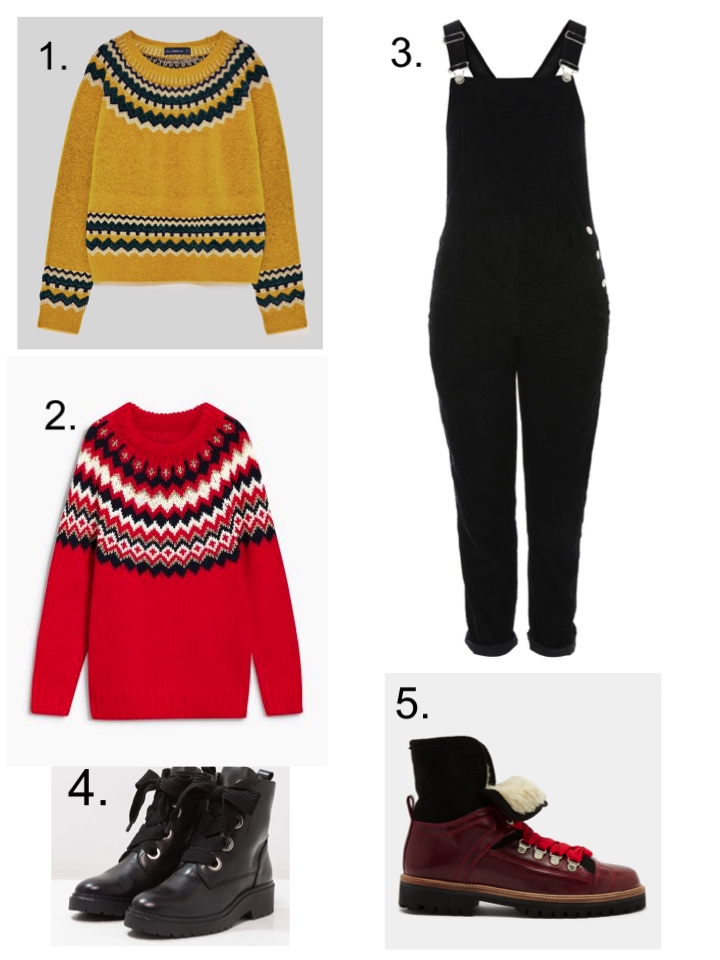 fairisle nordic sweaters, corduroy dungarees 