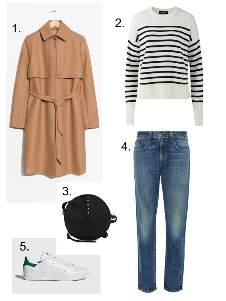 Camel Coat, trench coat, breton top, circle bag 