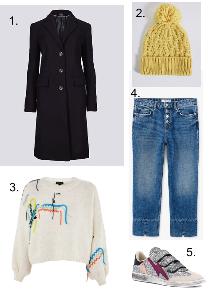 classic navy coat M&S, embroidered jumper, yellow beanie 