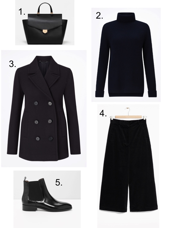 navy peacoat, corduroy culottes, navy poloneck