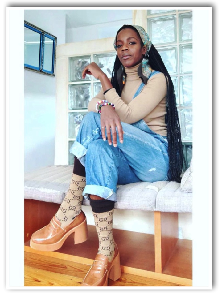 Nicola St Louis in Dungarees and Gucci Socks 