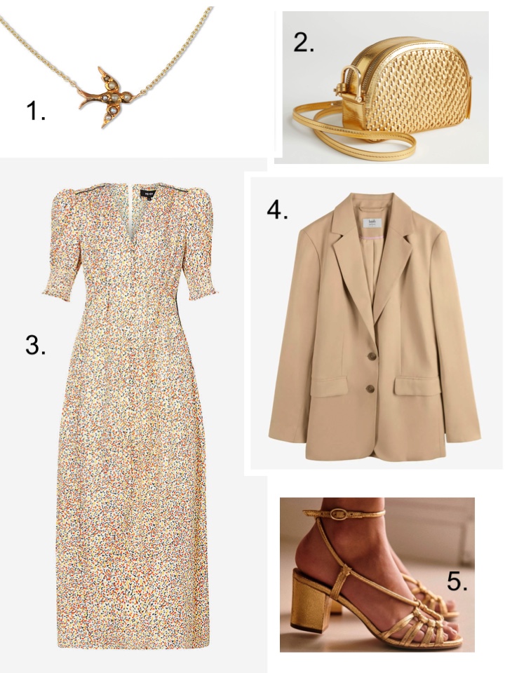 summer jackets blazer, me and em dress, gold handbag 