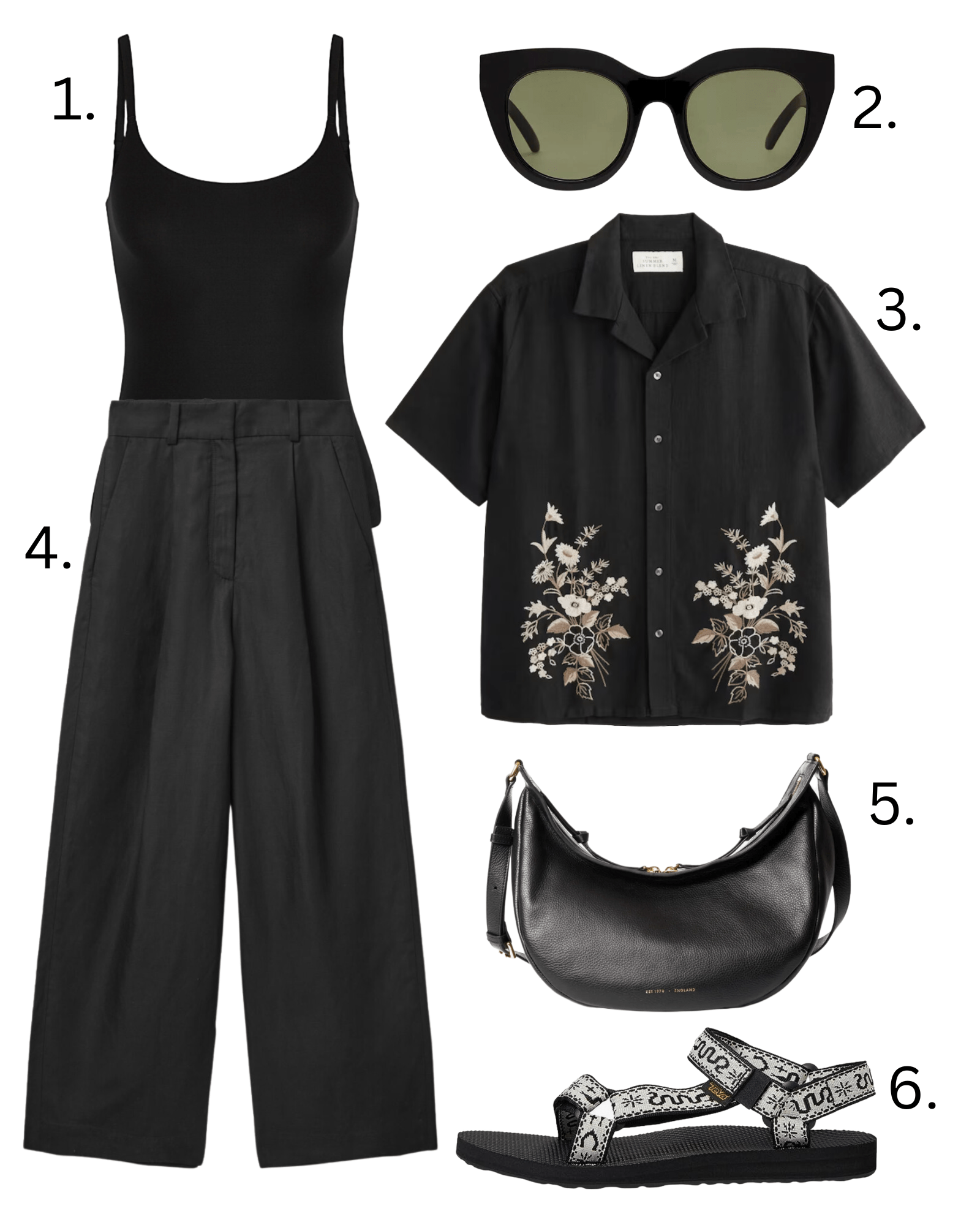 black summer outfit. embroidered shirt, vest top, teva sandals 