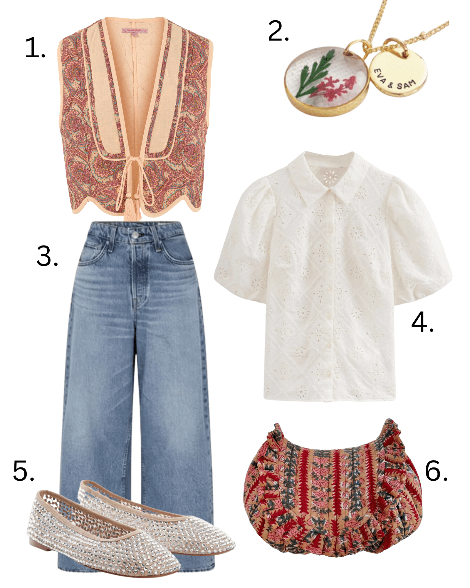 wide leg jeans, quilted waistcoat, crystal ballet flats 