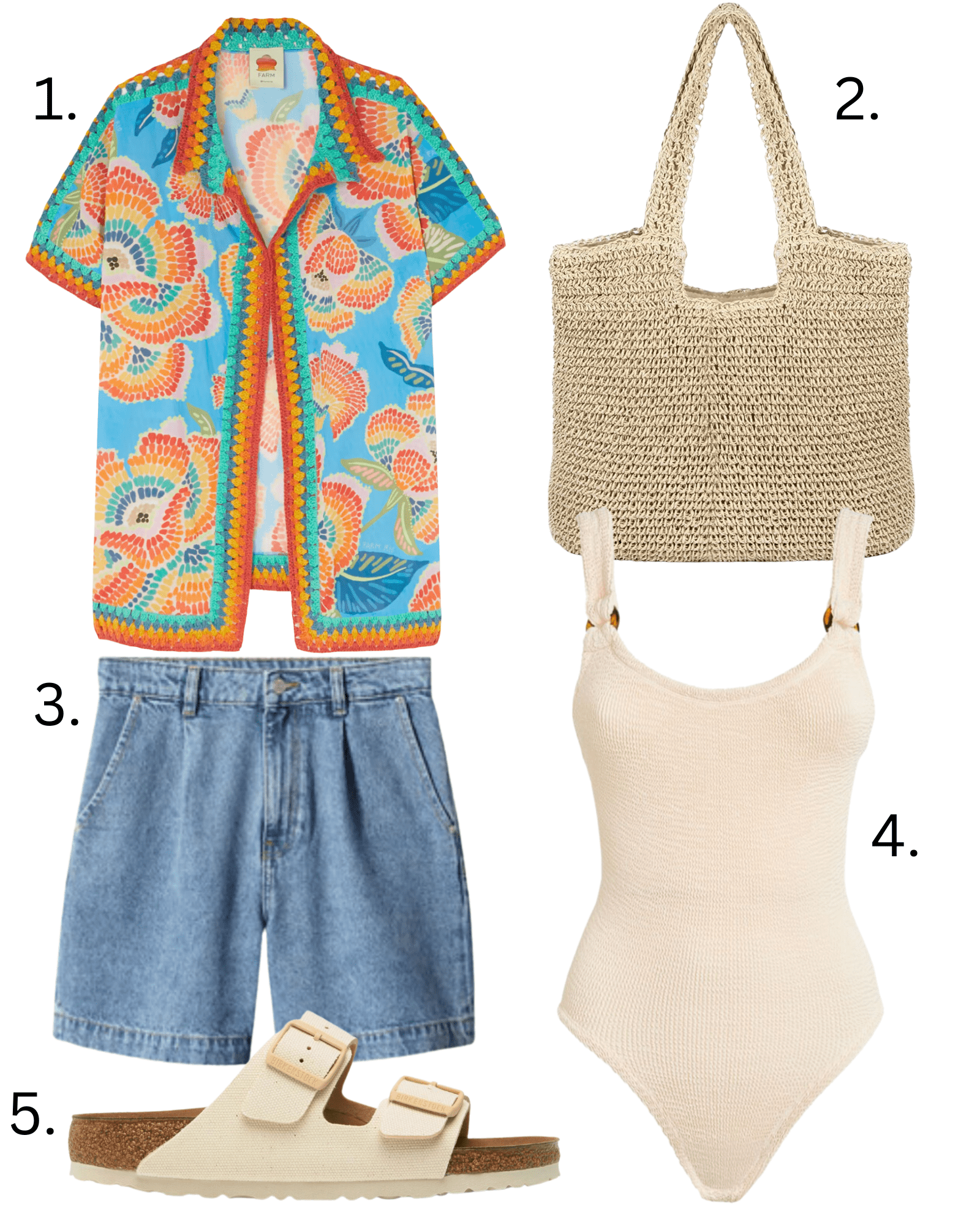 hunza g swimsuit, farm rio shirt, mango shorts