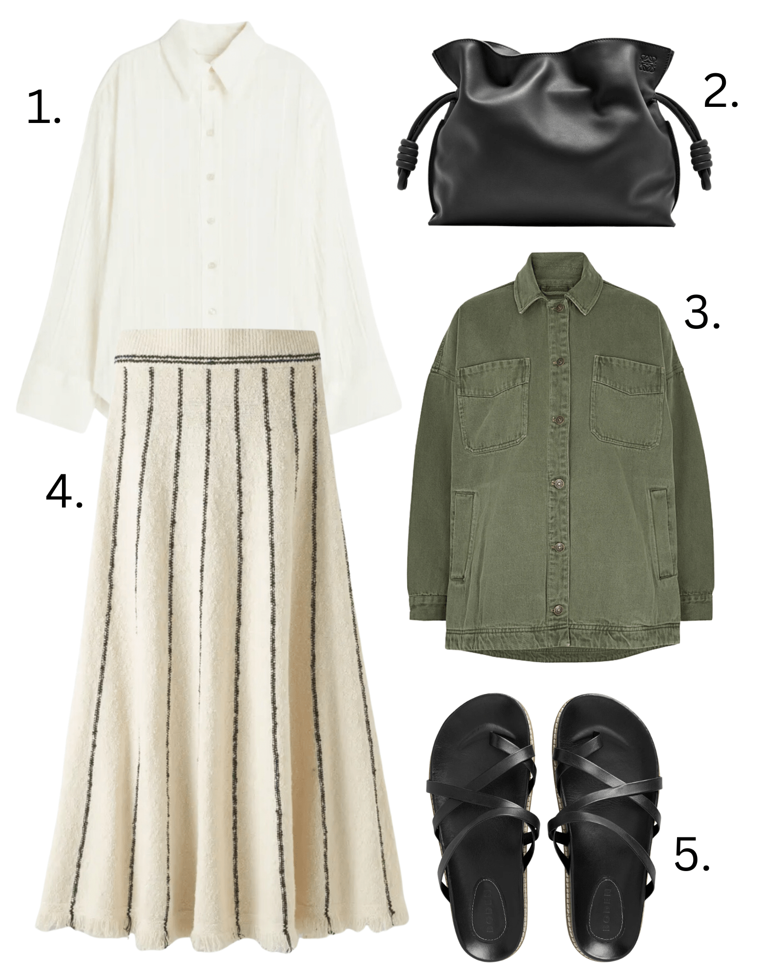 white shirt, cream skirt, khaki jacket, black sandals 