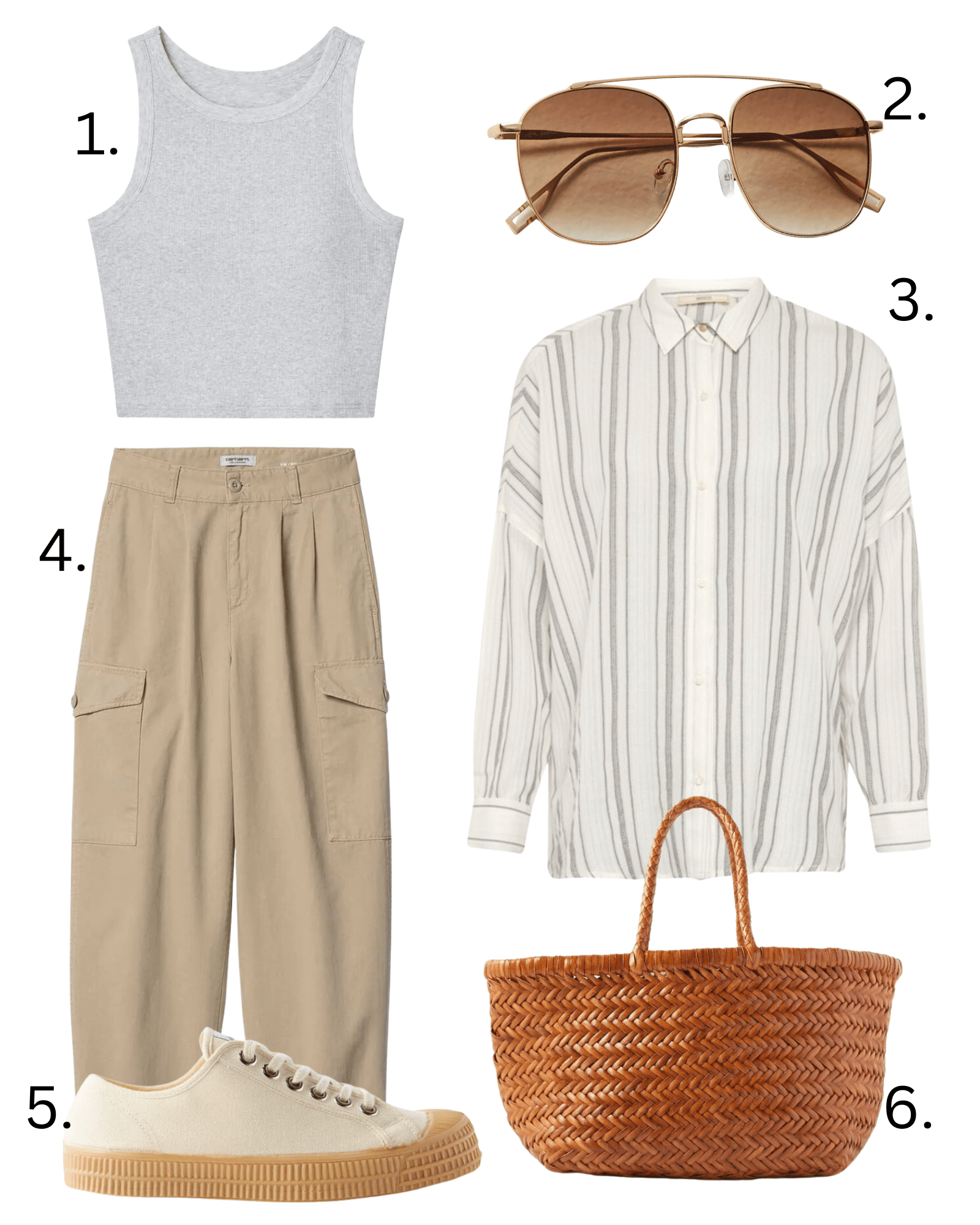 cargo trousers, cream stripe shirt.