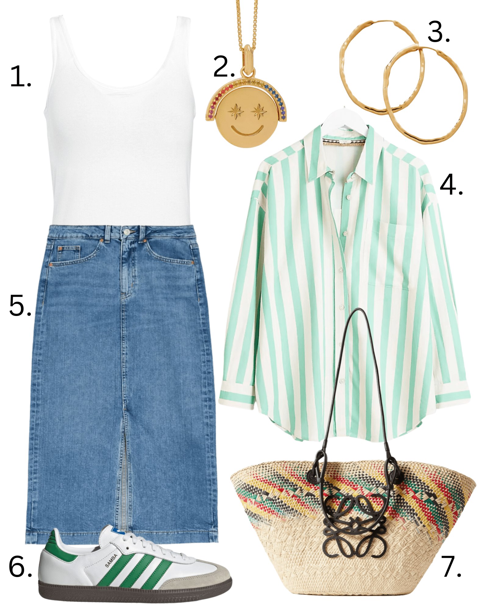 summer shirt, stripe shirt, denim midi skirt 