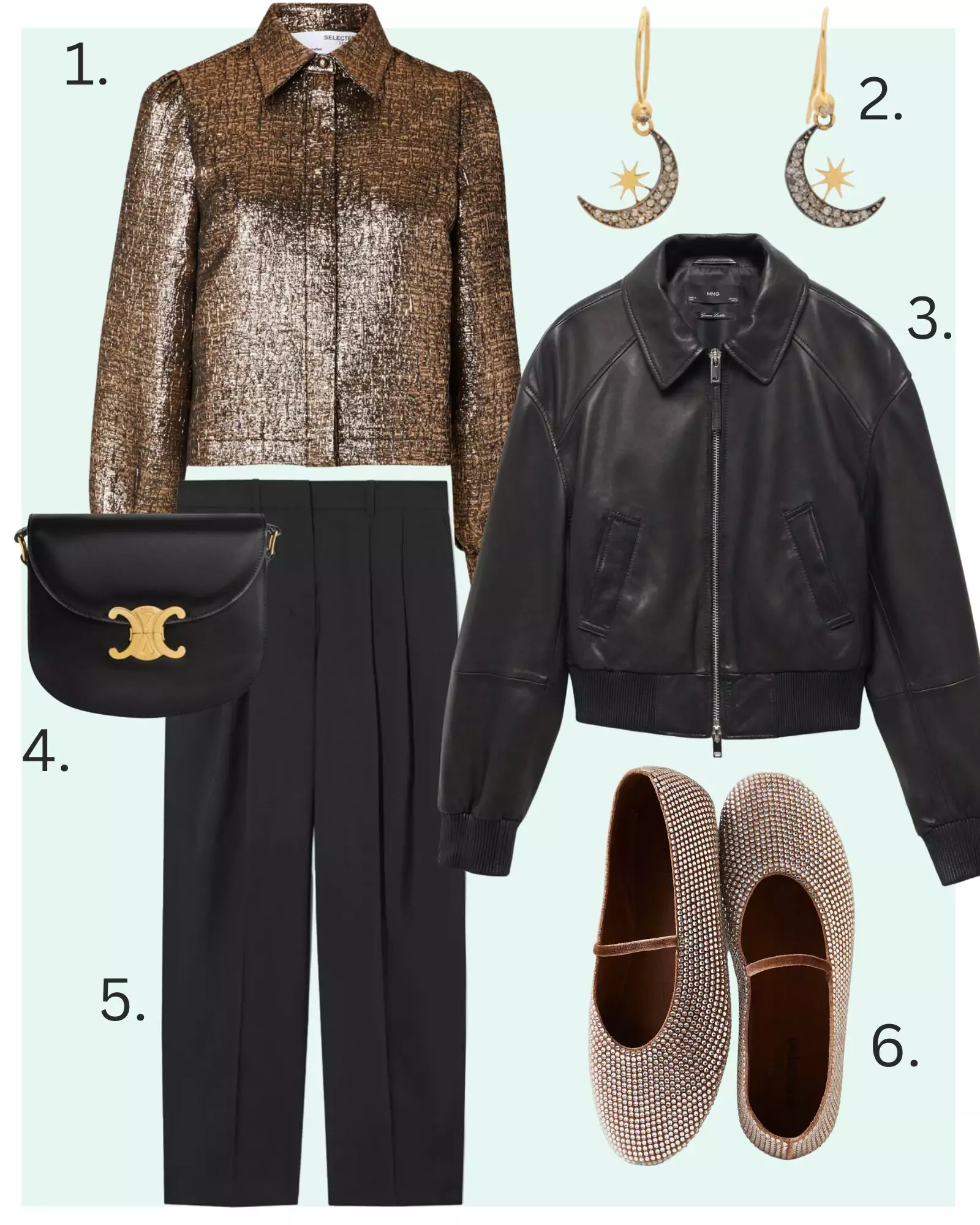 party season outfit idea, gold shirt, diamond shoes 