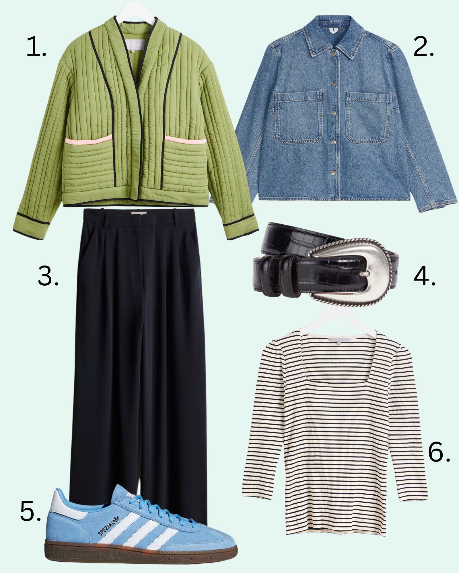 7 outfit ideas for March. Navy and green quilted jacket 
