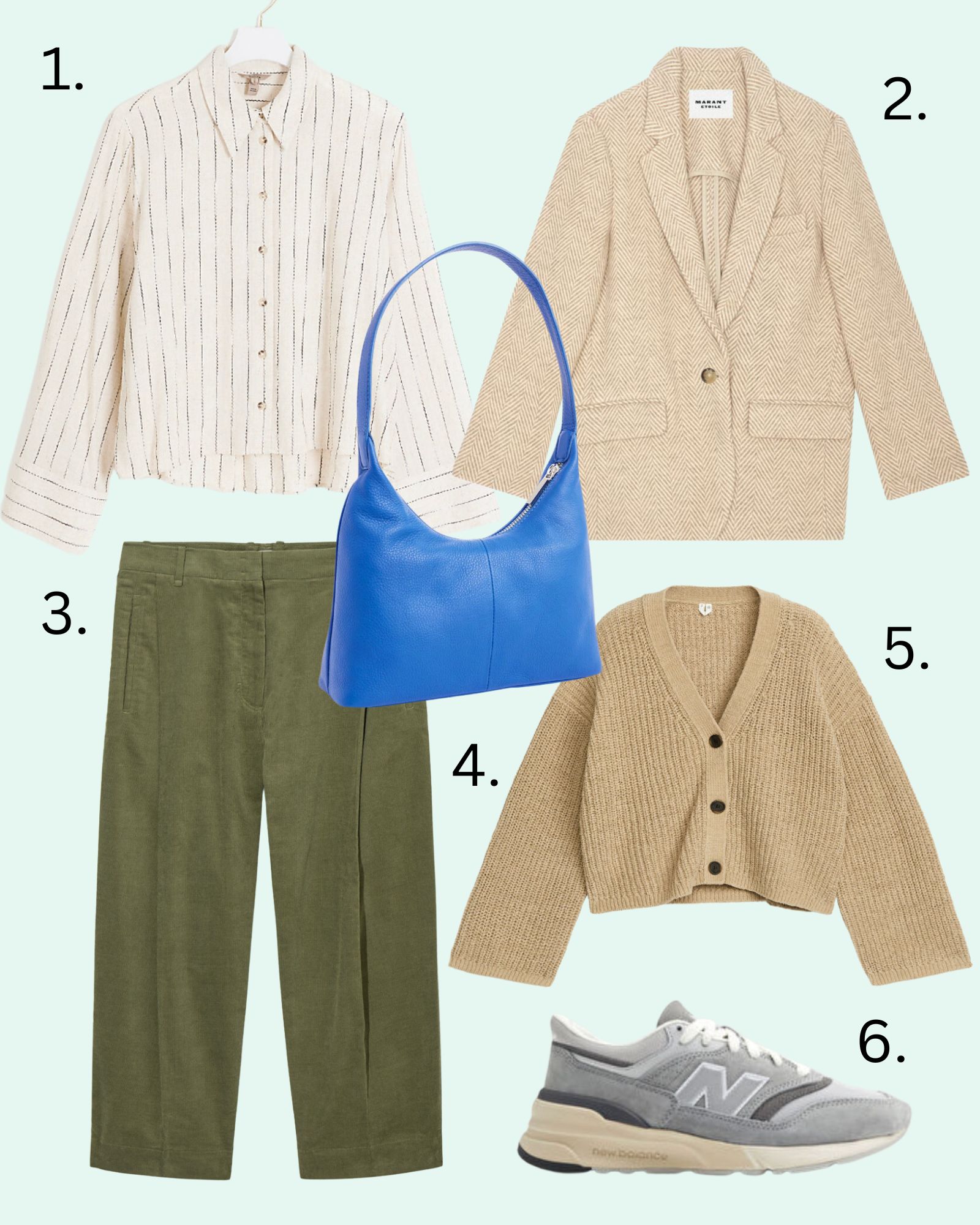 7 outfit ideas for March. Neutrals with bright bag 