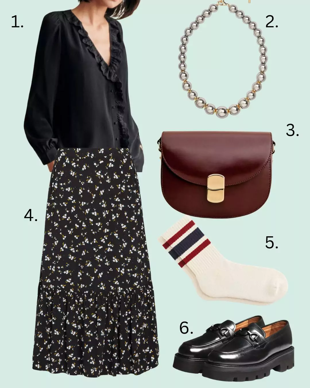 Gucci look, floral midi skirt, loafers 