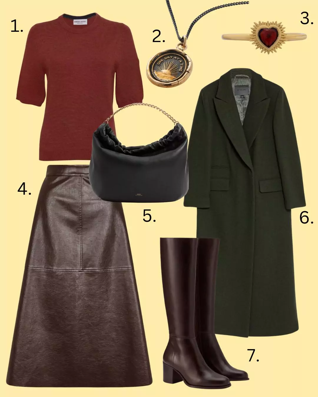 earth tones, brown leather midi skirt 